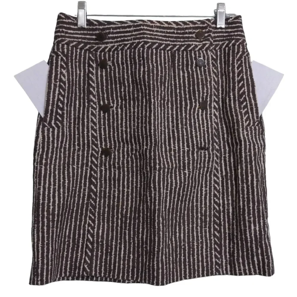 Tory Burch Womens A-Line Skirt White Brown Stripe Above Knee Pockets Buttons 8